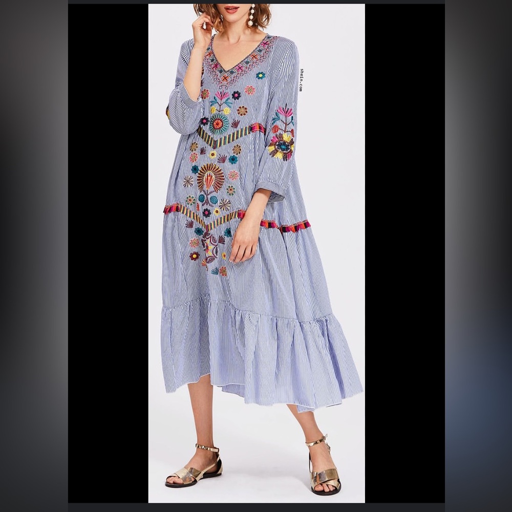 Anthropology Embroidered Blue Maxi Dress
